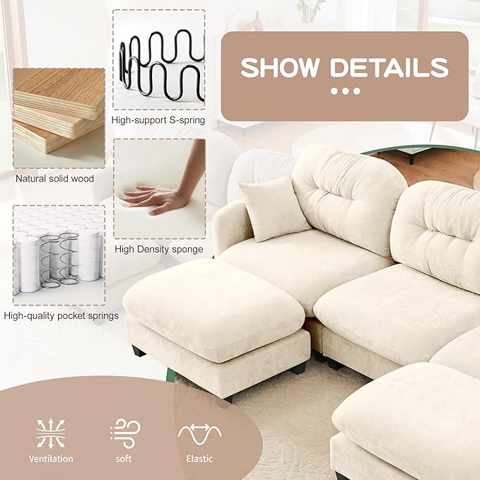 74 L Shaped CouchModular Sectional Sofa 2-Seater Comfy Cloud Couch with Movable Ottoman Chenille Deep Seat for Living Room Office (Beige)