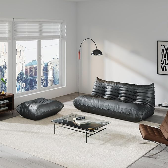 Comfy Lazy Floor Sofa CouchSoft Armless ChairFaux Leather Lounge ChairCorner Relax Sofa Couch for Living Room BedroomSalon OfficeAdults((Black+3P+ Ottoman)