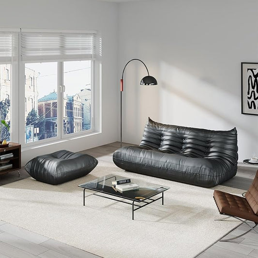 Comfy Lazy Floor Sofa CouchSoft Armless ChairFaux Leather Lounge ChairCorner Relax Sofa Couch for Living Room BedroomSalon OfficeAdults((Black+3P+ Ottoman)