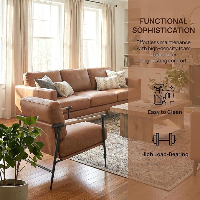 DUOMAY Mid Century Modern Accent Chair with Ottoman Set Brown PU Leather Upholstered Living Room Chair with Metal Legs Lazy Lounge Chair Set with Footrest for Bedroom Living Room