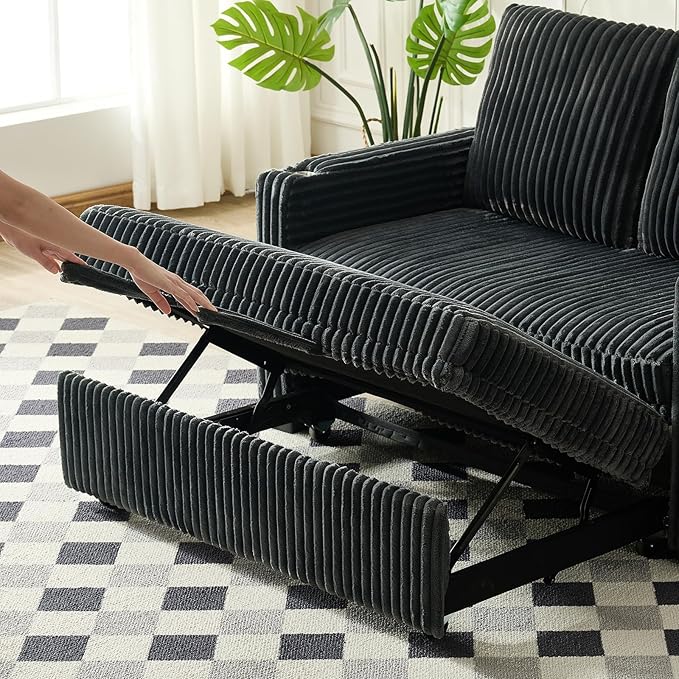 Antetek Pull Out Sofa Bed Futon Convertible Modern Corduroy Loveseat Chaise Lounge Sofa Couch with USB Charging Ports &amp Cup Holders for Guest Room Living Room Bedroom Adjustable Backrest Grey