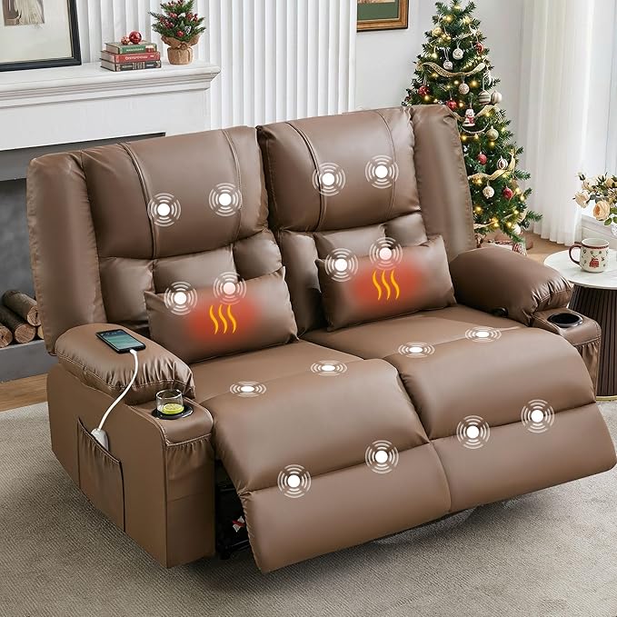Brown Leather Reclining Loveseat with Massage/Heat/Pillow/USB/Cup Holders Oversized Loveseat Recliner for Living Room Manual Reclining Sofa for Adults 700 Lbs Capacity (Brown)