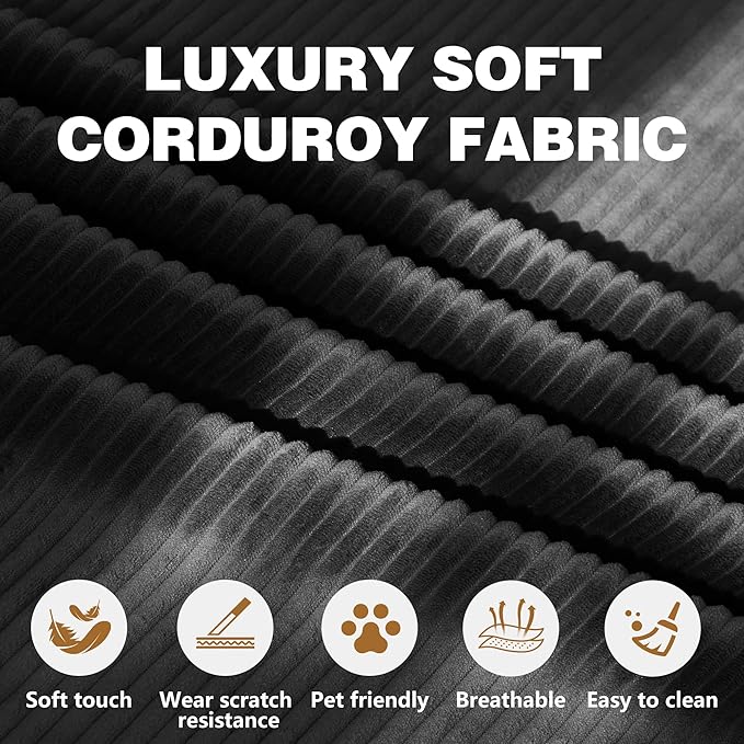 78.8 Convertible Sofa Bed - Compression Sofa with Corduroy Fabric - with Armrests and Backrest - Modular Sectional for Living Room Bedroom Studio - Compression Sofa in Box (Black)