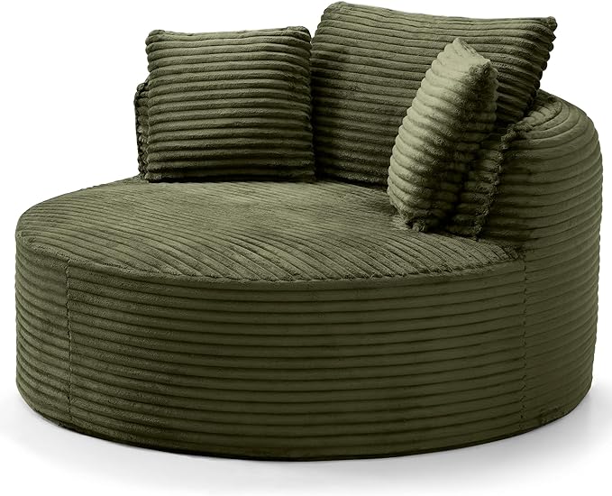 Oversized Round Chair Lounge Chaise Indoor 53.5 Upholstered Corduroy Deep Seat Single Cloud Sofa Chair Fluffy Modern Large Circle Boneless Sleeper Sofa for Living Room Bedroom Green