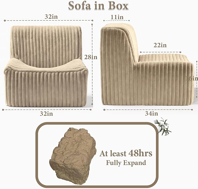 Trenda 32'' Comfy Bedroom Chair for Adult Boneless Space-Saving Accent Chairs with with Spacious Seating Soft Faux Fur Cover Ideal Floor Couch for Living RoomCollege Dorm to Reading (Khaki)
