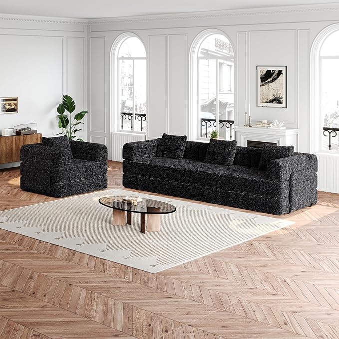 Convertible Sofa Bed 72.4+ 72.4 Sectional Couch 4-Seater with Storage Pockets Modular Sleeper Couch Chenille Folding Floor Boneless Lounge Sofa for Living Room Guest Room Black