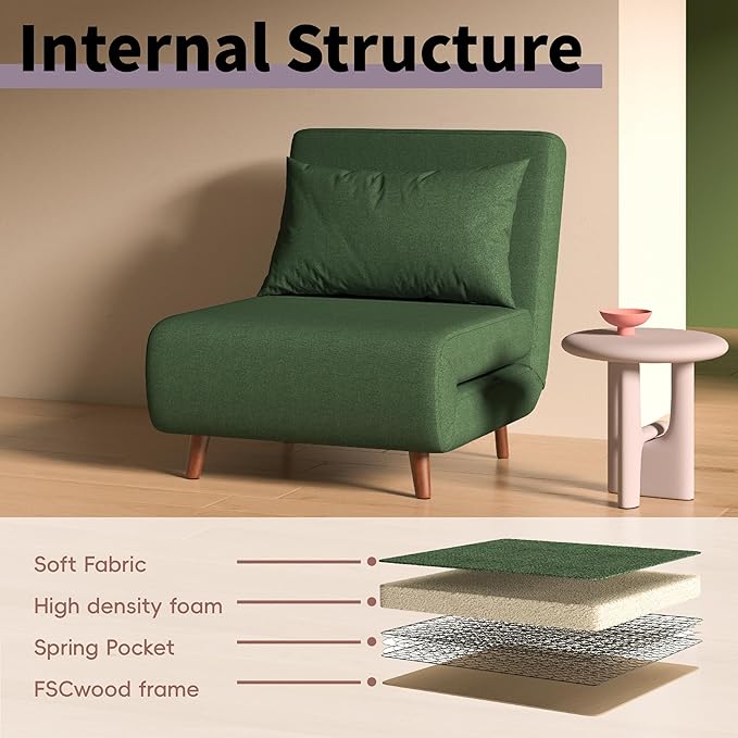 Convertible Sleeper Chair 3 in 1 Folding Single Chair Sleep Turns into Bed Sofa Bed for Adults Foldable Twin Chaise Lounge for Living Room Bedroom Sturdy Wood Frame and Easy Assembly