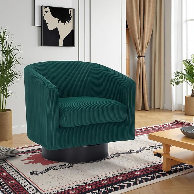 Swivel Accent Chair 360° Swivel Barrel Chair Comfy Upholstered Corduroy Club Armchair for Living Room Reading Room Bedroom (Dark Green)