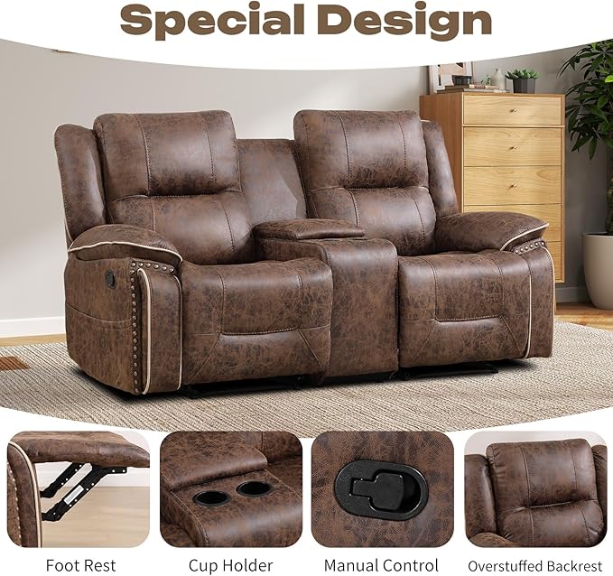EBELLO Faux Leather Manual Recliner Loveseat 2 Seater Reclining Sofa Chair with Center Console Hidden Storage and Cup Holders Vintage Rivet Mid-Century Design for Living Room Meeting Room Brown