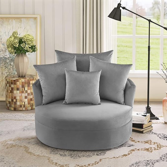 Modern Velvet Leisure Chair 360° Swivel Barrel Chair with 4 Movable Pillows and Metal Base Perfect for Living Room Bedroom Office Reception Area (Gray/Velvet+S)