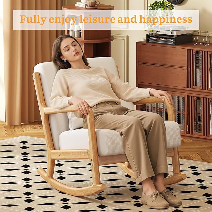 Solid Wood Reclining Accent Chair Mid-Century Modern Lounge Armchairs Fabric Upholstered Soft Comfy Living Room Chairs with Armrest Waist Pillow for Office Reading Waiting Room (Off-White)