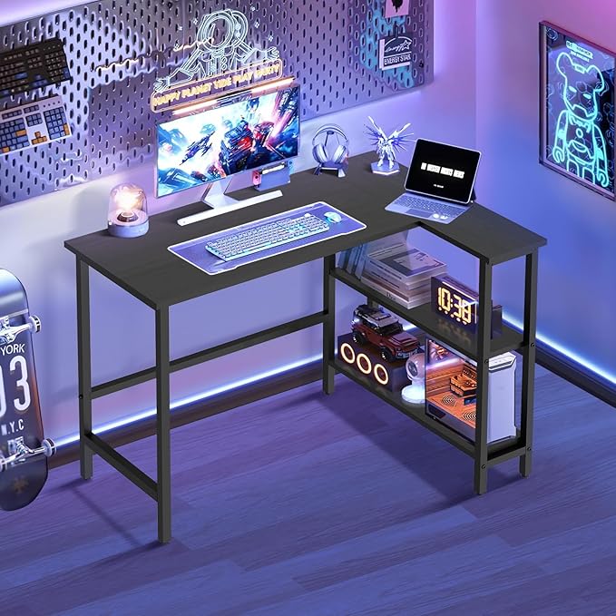43Inch L Shaped Desk Computer Desk with Reversible Storage Shelves Corner Desk Gaming Desk Home Office Desk Study Desk Writing Table for Home Office Small Space (43 Inch)