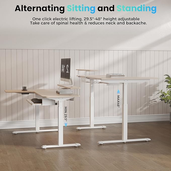 EUREKA ERGONOMIC 55 Inch L Shaped Electric Standing Desk Height Adjustable Computer Gaming Desk with Keyboard Tray Mouse Pad Home Office Work Maple Wood Left Side
