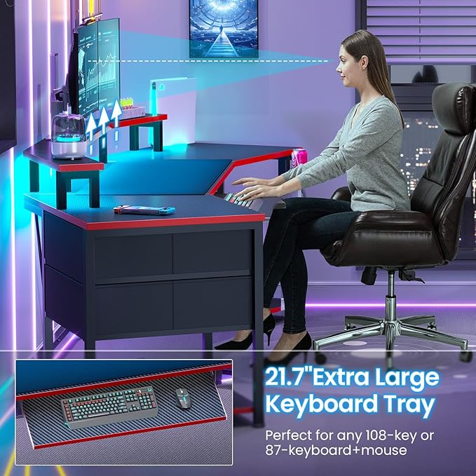 Itaar 79 Gaming Desk with 2 Fabric Drawers Long Computer Desk with Power Strip &amp LED Lights U Shaped Desk wtih Storage and Cup Holder Large Gaming Table for Bedroom Carbon Fiber Black+Red