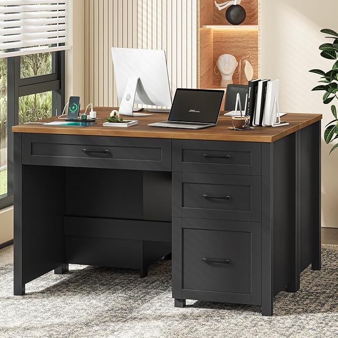 Vabches Farmhouse 47 Executive Desk with 4 Drawers Computer Desk with File Drawer and Charging Station Workstation for Home Office Study.Black Brown