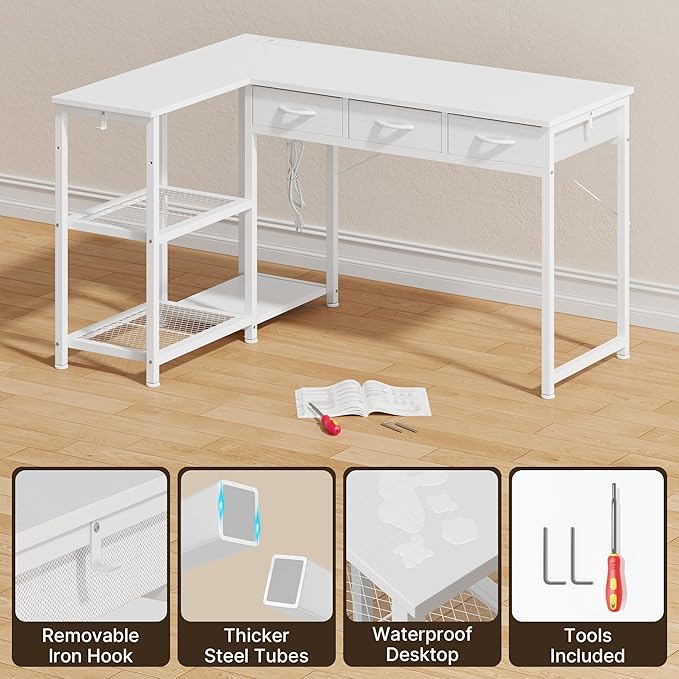 Gizoon 53 Inch White L Shaped Gaming Desk with CPU Stand &amp Power Outlet - Reversible Corner Desk with Drawers Storage Shelves and 2 Hooks for Gaming Setup Home Office Living Room
