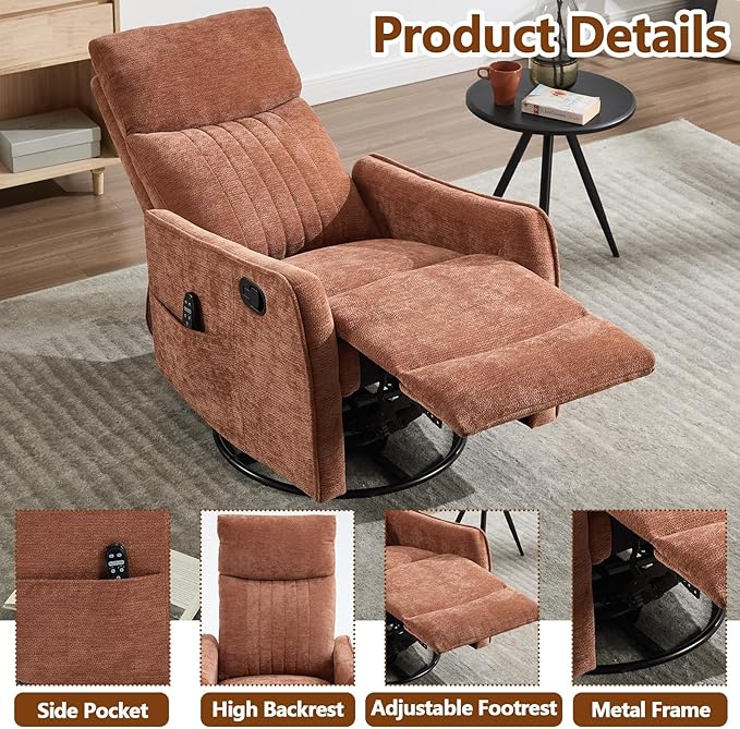 Slim Swivel Rocking Chair Recliner with PocketsLazy Boy Recliners for for AdultsSmall Recliner Chair for Small Spaces Manual Reclining Chair for Living Room Bedroom (Orange)