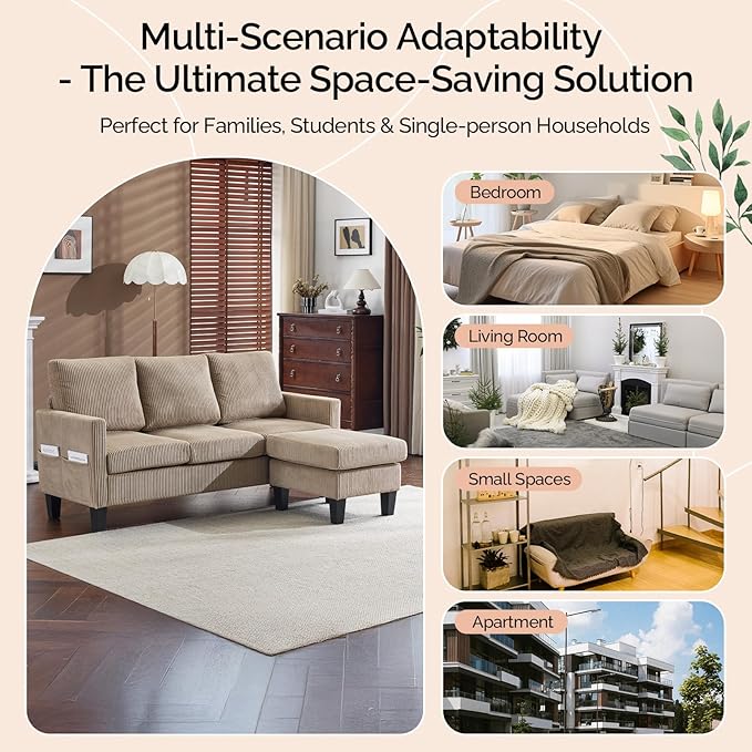 VINGLI 68.5' L Shaped Couch with Movable Storage Ottoman Convertible Sectional Sofa in Soft Corduroy Fabric Modern Reversible Chaise Couch for Small Spaces Apartment Living RoomKhaki