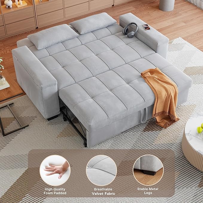 Gizoon Convertible Sofa Bed Futon Queen Size Sleeper Loveseat with Pull Out Couch 3 in 1 Velvet Fabric Futon Couch with Side Pockets Storage Armrest &amp Adjustable Backrest for Living RoomLight
