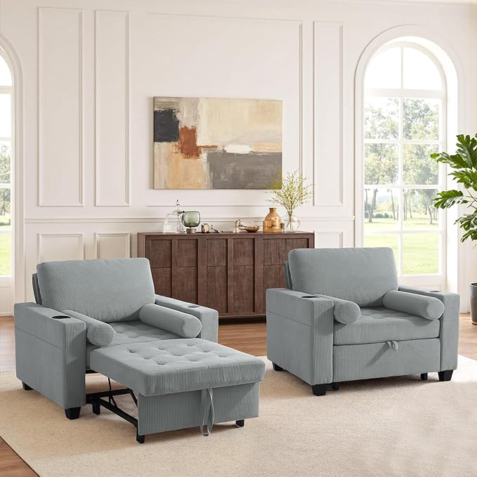 Convertible Sleeper Chair Bed Comfy Corduroy Single Futon Sofa Chairs with Pull Out Bed 3-Levels Adjustable Backrest Accent Chair with Side Pockets Cup Holder &amp USB Ports for Living Room Bedro