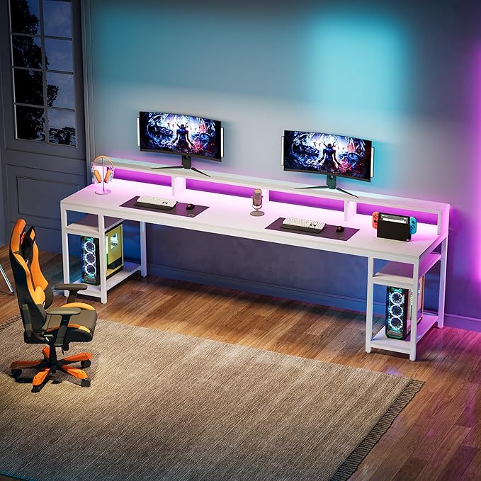 Tribesigns 78.74 Inches Extra Long Two-Person Desk Double Computer Desk with Monitor Stand and Storage Shelves Study Work Table for Home Office (White)