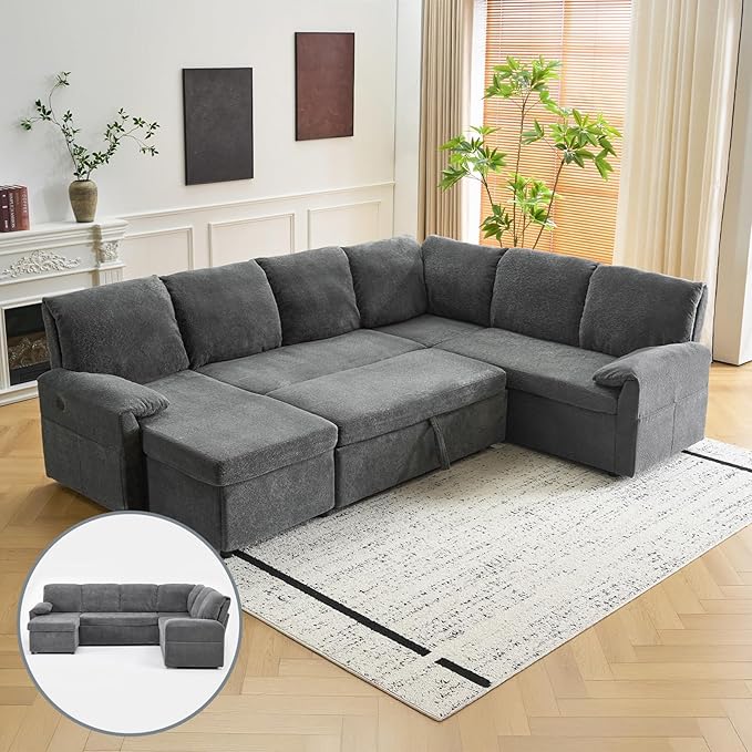 VINGLI Convertible Sofa Bed Couches for Living Room Sleeper Sofa with Pull Out Couch Bed Cloud-Like Plush Fleece U-Shape Sectional Couch with Storage Chaise USB Charging Side Pockets
