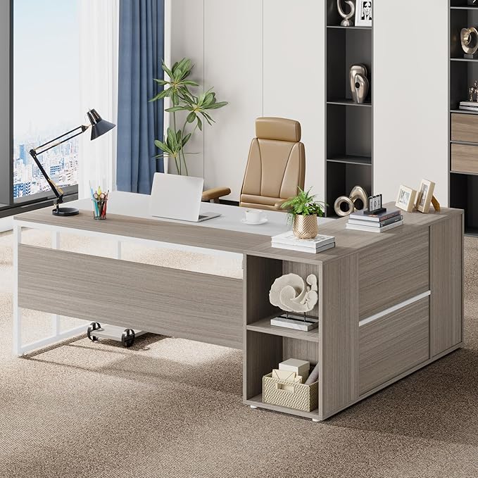Tribesigns 71 inch Executive Desk L Shaped Desk with Cabinet Storage Executive Office Desk with Shelves Business Furniture Set Workstation for Home Office Gray and White
