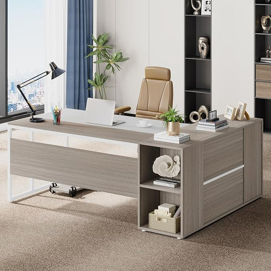 Tribesigns 71 inch Executive Desk L Shaped Desk with Cabinet Storage Executive Office Desk with Shelves Business Furniture Set Workstation for Home Office Gray and White
