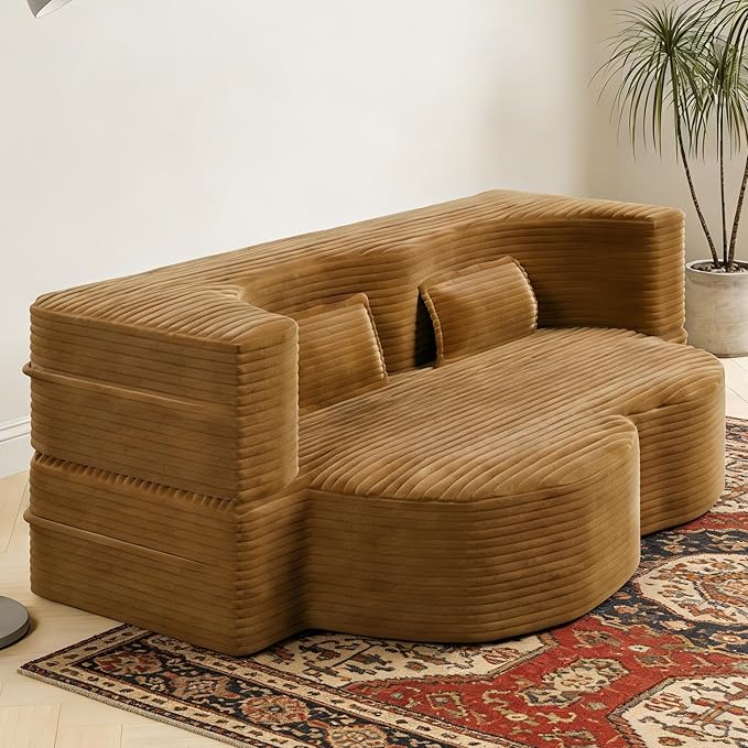 2 in 1 Convertible Compressed Sofa Bed 54'' Modern Boneless Loveseat Sleeper in a Box Floor Mattress Futon Couch No Assembly Needed Space Saving Camel Full 2 Pillows for Small Living Room