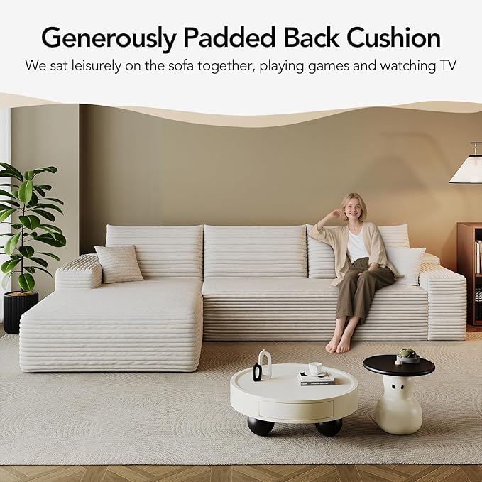 107.7 Boneless Sectional Couch Modern Modular L - Shape Corduroy Upholstered Sofa for Living Room - Deep Seat with Chaise (White 2 Seater+Left Facing Chaise)