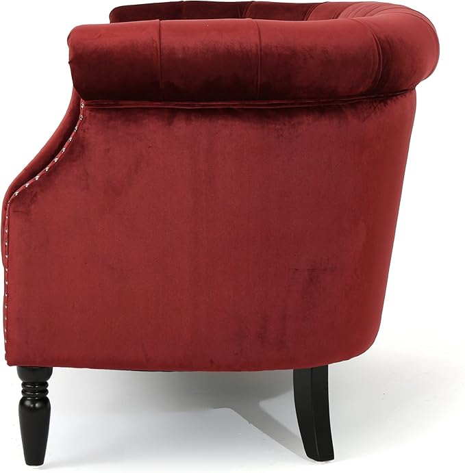 GDFStudio Melaina Tufted Chesterfield Velvet Loveseat with Scrolled Arms Garnet and Dark Brown