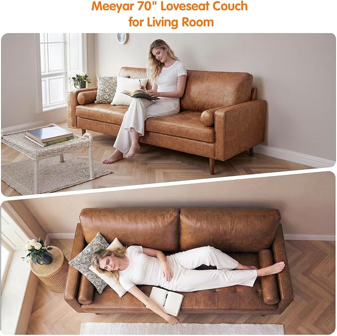 70 Mid-Century Modern Sofa Couch – Faux Leather Loveseat Sofa with Deep Seat &amp Solid Wood Frame – Includes 2 Accent Pillows – Brown Living Room Bedroom Office | Faux Leather Easy to Clean High