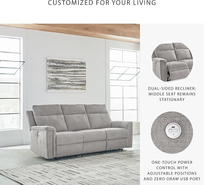 Signature Design by Ashley Barnsana Minimalist Power Reclining Sofa with USB Charging Ports Light Gray