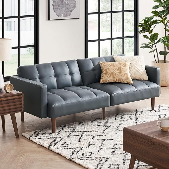 mopio Aaron 76.8 Couch Small Futon Sofa Bed Sleeper Loveseat Mid Century Modern Futon Couch Sofa Cama Couches for Living Room Bedroom (Cloud Gray Faux Leather)