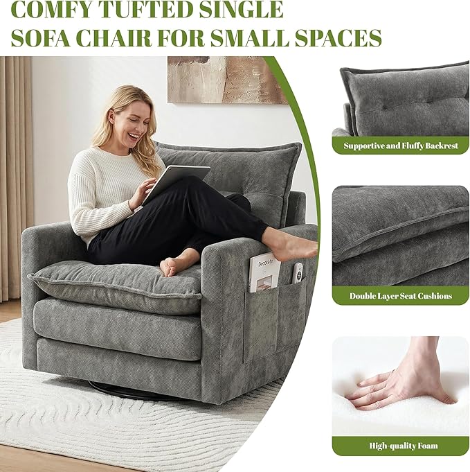 Square Swivel Chair360°Rotation Armchair for ReadingPlush Chenille Upholstered Accent Club Chair with ArmsModern Single Cloud Sofa Chair for Living Room Bedroom (1 Grey)