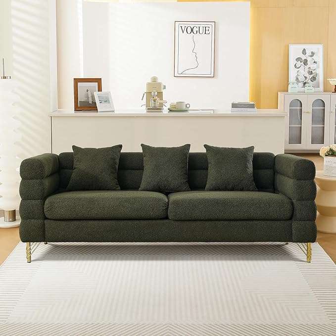 mikibama Modern Teddy Sectional Sofa 81 Inch Oversized Sofa Couch Luxury 3 Seater Deep Couch with 3 Pillows and Gold Metal Legs for Living Room Bedroom Apartment (Green)