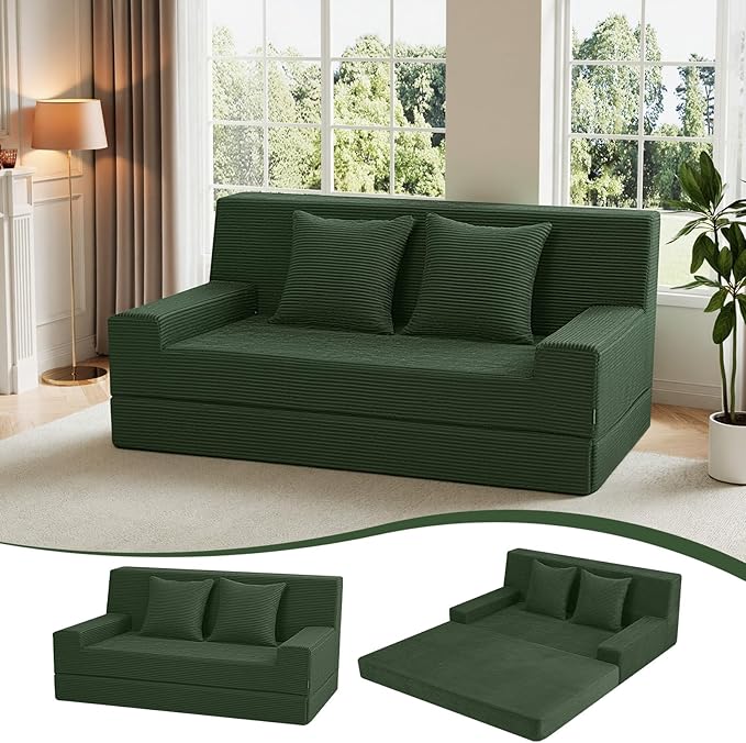 MeMoreCool Boneless Loveseat Sofa Bed – Dark Green Corduroy Convertible Futon Couch Foldable Floor Sleeper with Foam &amp Pillow Washable Cover for Bedroom Apartment Small Living Room