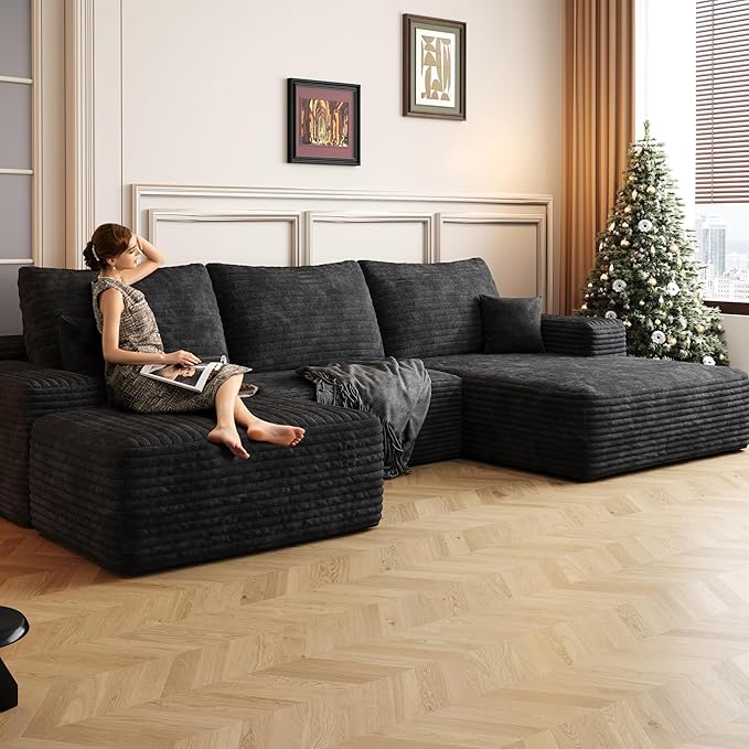 108 W Corduroy Sectional Boneless Cloud Couch with Chaise &amp Ottoman No Assembly Required U Shaped Modular Sectional Sofa Cozy Fluffy Sofa for Living Room (Black Right Facing Chaise+Ottoman) |
