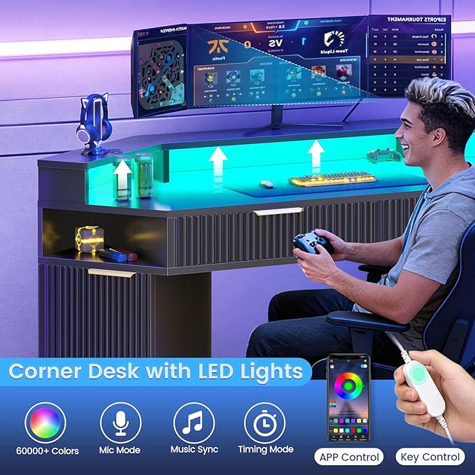 SEDETA Computer Desk with 2 Drawers Small Diamond Office Desk with Storage Cabinet for Small Space Gaming Desk with LED Lights &amp Power Strip for Home Office Black