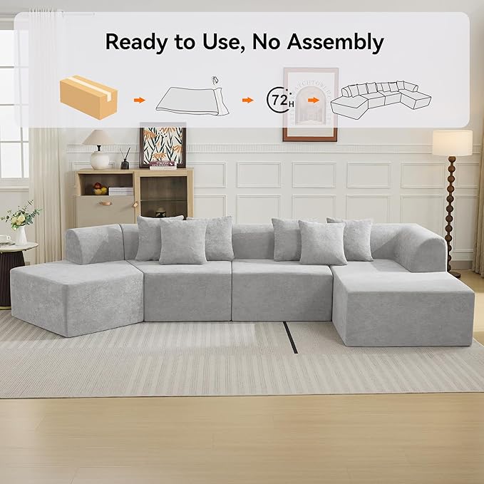 140''Oversized Cloud Velvet Curved Sectional Couch Boneless Couch with L-Shape Chaise Upholstered Compression Memory Foam Modular Sectional Sofa for Living Room No Assembly Required Grey
