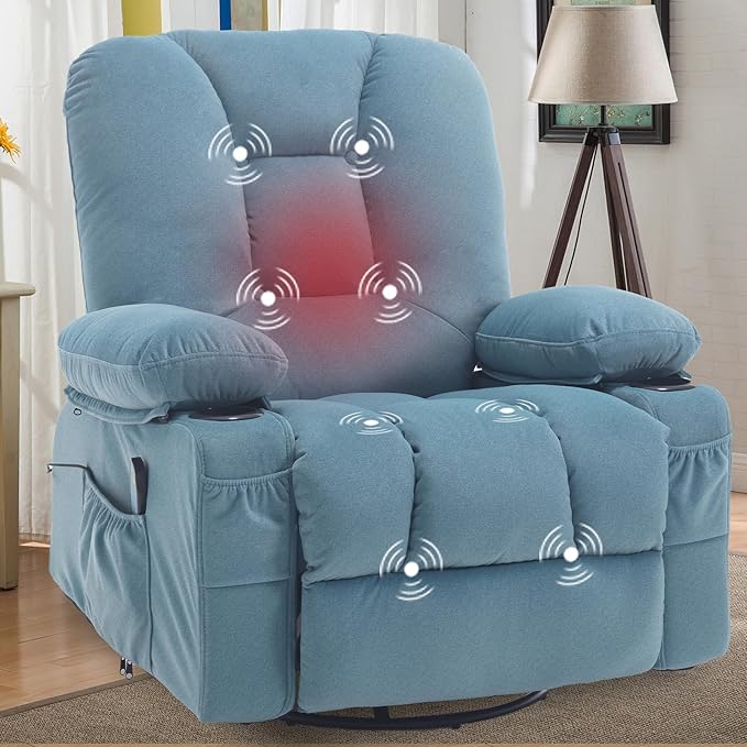 Rocker Recliner Chair with Massage and Heat Fabric Overstuffed Swivel Recliners Glider with Cup Holder Side Pocket Rocking Reclining Sofa Chair for Adults Living Room Blue