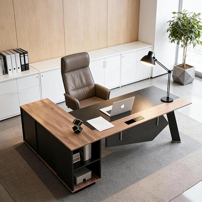 63 L Shaped Executive Desk Reversible Office Desk with Power Outlets Modern Computer Desk with lateral File Cabinet &amp Open Shelves  Wooden Business Furniture Desk for Office WorkHome Study