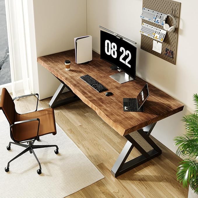 Rustic Style Solid Wood 55-inch Computer Desk - Large Office Desk for Home Office Modern and Simple Design Ideal for Study Writing Dining
