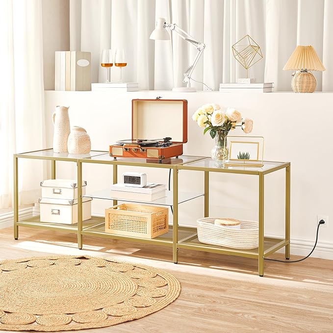 HOOBRO TV Stand with LED Lights and Power Outlets for TVs up to 75 Modern 63 Inch Tempered Glass TV Console Table with Open Shelves Media Entertainment Center for Living Room Gold GD165UDS01