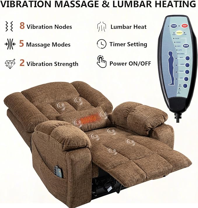 4 Motor Power Lift Recliner Chair for Elderly Oversized Lay Flat Recliner with Massage Heat Adjustable Headrest Hidden Cup Holders Zero Gravity Big and Tall Recliners Caramel