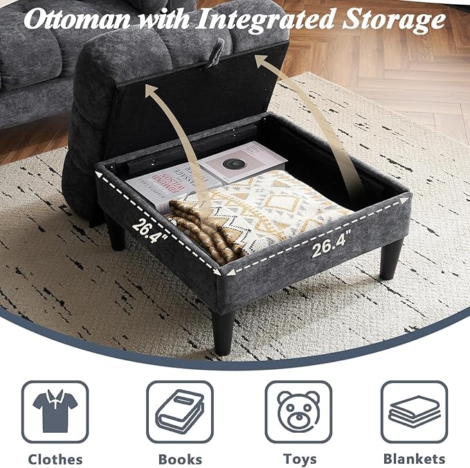 77 Grey L Shaped Couch with Storage Ottoman Chenille Small Sectional Couches with 2 Cup Holders &amp Charging Station for Small Space Comfy Cloud Sectional 3 Seater Couch (Grey)