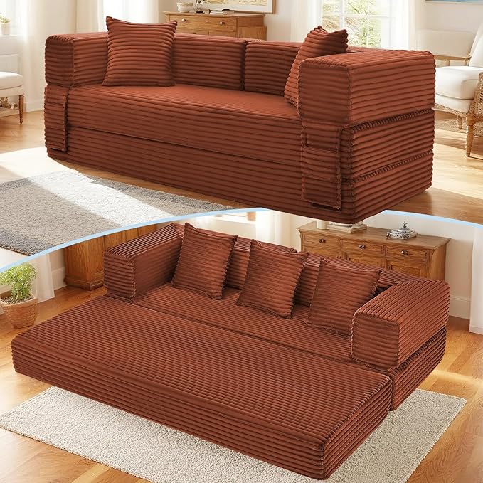 Convertible Sofa Bed5-in-1FoldIing Couch Bed with Removable ArmrestsModular Futon Sleeper Sofa in Box with Pull Out BedsCompression Boneless Couch for Living RoomOrange