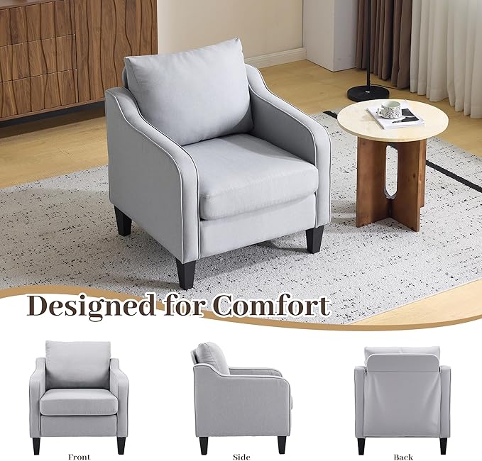 Accent Chair for Living Room Set of 2 Modern Linen Fabric Upholstered Armchair Comfy Reading Chair for Bedroom Mid Century Single Sofa Chair with Solid Wood Legs for Apartment Office Grey