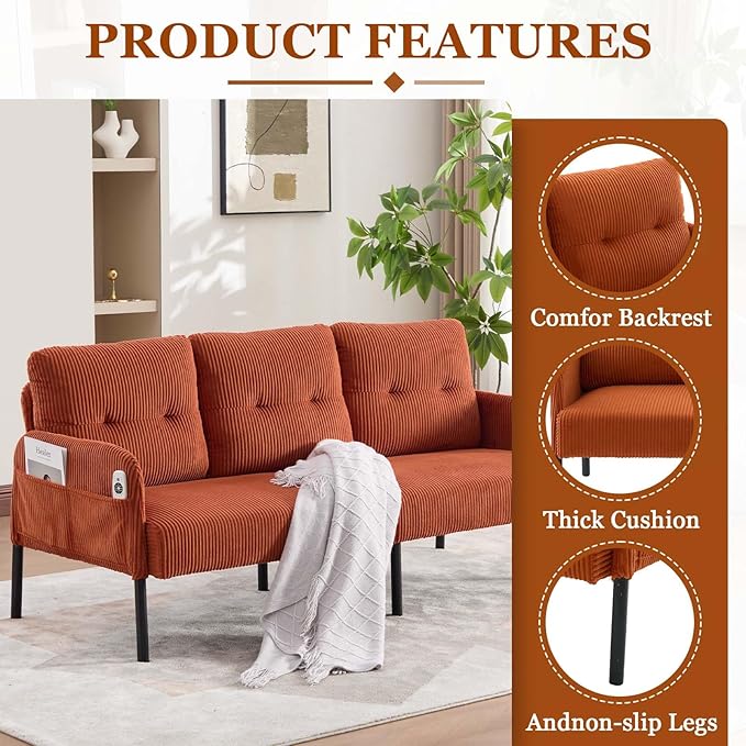 Loveseat Sofa 67” Small Sofa Couch for Living Room Comfy Corduroy Fabric Love Seat for Bedroom with Throw PillowRemovable Cushion CoverCouches for Small SpaceApartmentDorm (Orange)