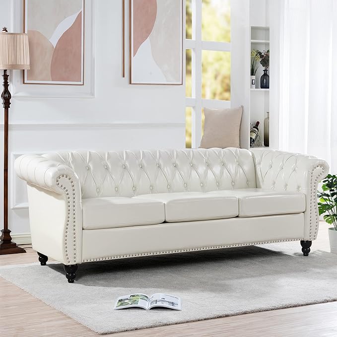 GDFStudio 85 Tufted Button Chesterfield Sofa with Deep Seat Cushions Rolled Arms &amp Gold Accent Strip 3-Seater Midcentury Modern Sofa for Living Room Classic Couch Furniture White + PU